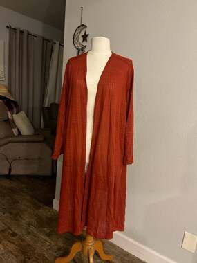 Slinky Brand Women's Plus 3X Rust Pointelle Knit Open Front Long Duster Cardigan
